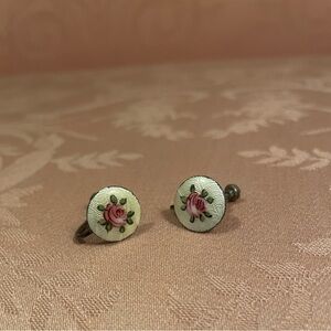 Vintage guilloché enamel screw-back earrings with a pink rose design